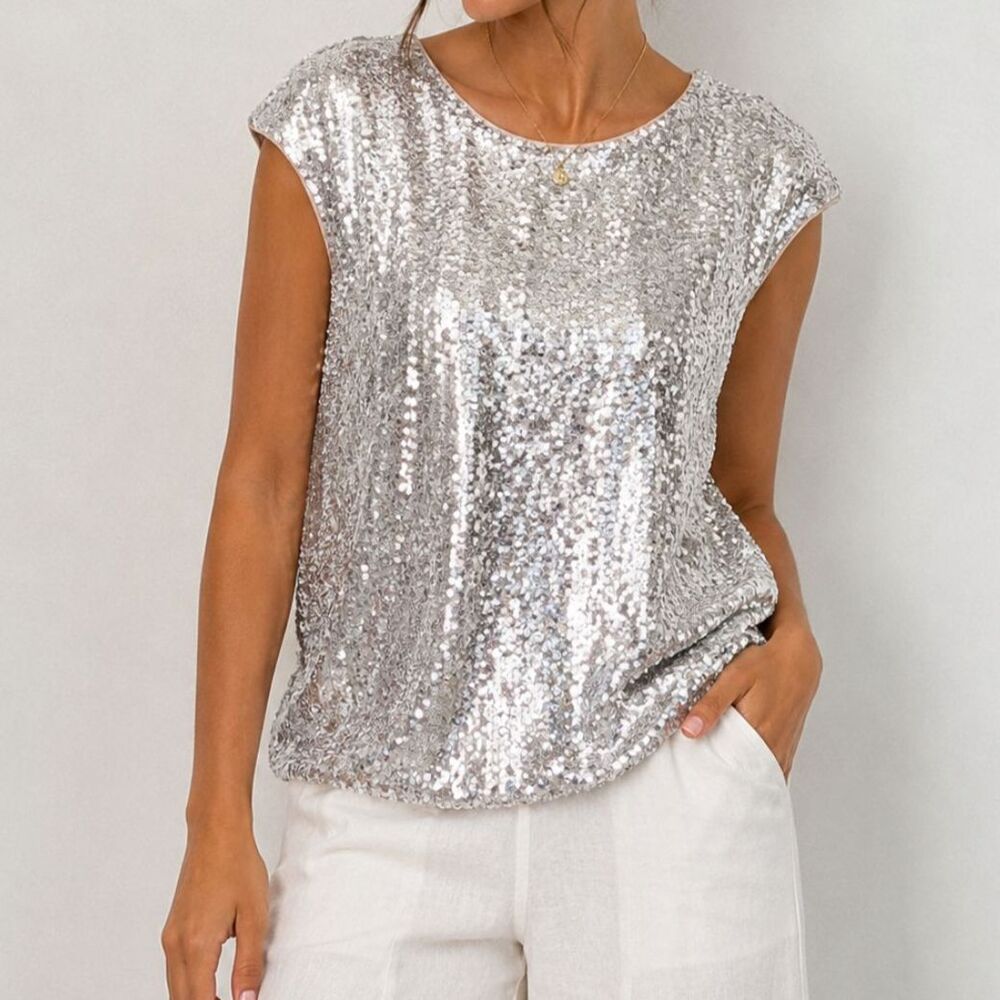 cable & gauge sequin short sleeve blouse top women’s Size Medium